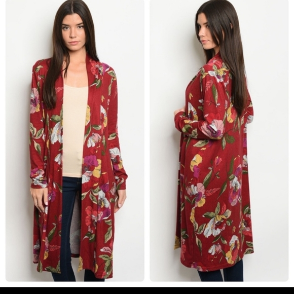 Available by Angela Fashion Sweaters - Floral Burgundy Duster Cardigan